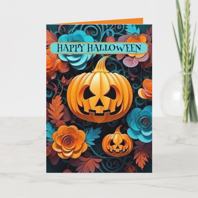 Jackolantern And Flowers, 5" x 7" Folded Card (Front)