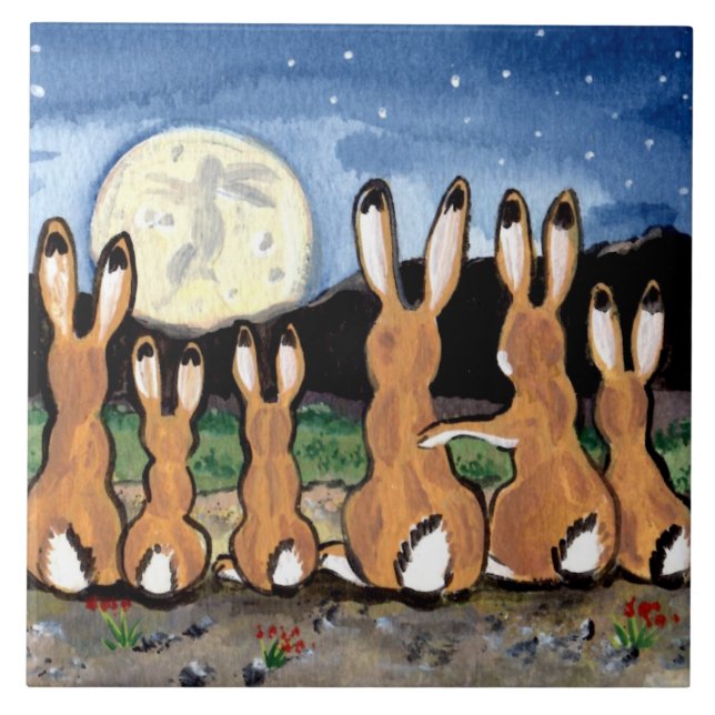 Jackrabbits Watching Moon Dark Blue 6" Tile Trivet (Front)