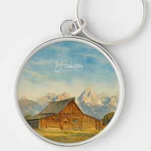 Jackson Hole Watercolor Grand Teton Travel Art Key Ring
