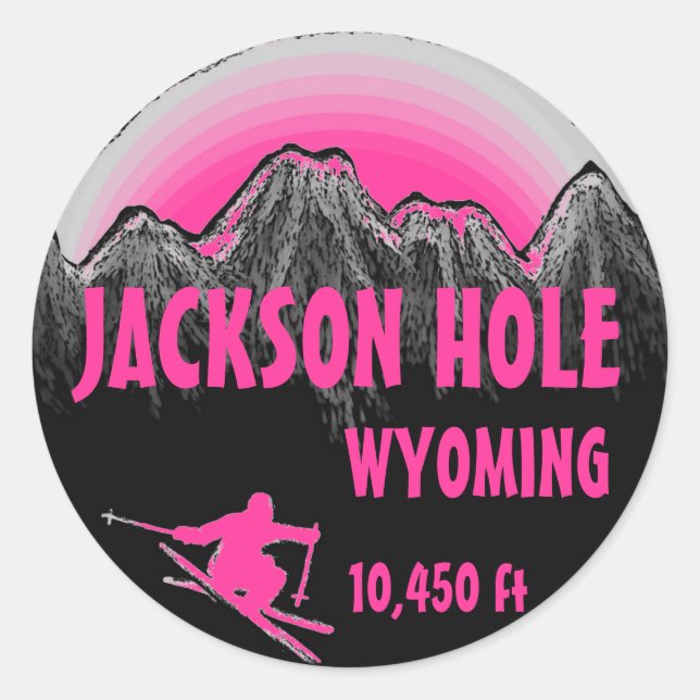 Jackson Hole Wyoming pink ski art stickers (Front)