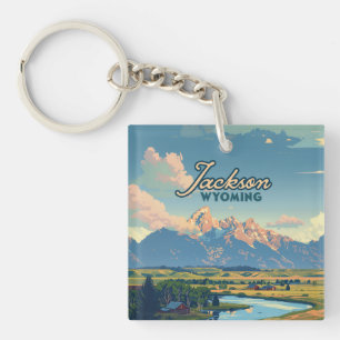 Jackson Hole Wyoming Ranch Tetons Mountains Retro Key Ring