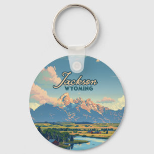 Jackson Hole Wyoming Ranch Tetons Mountains Retro Key Ring