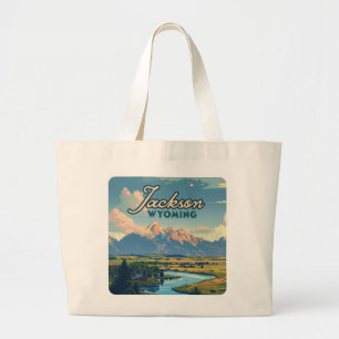 Jackson Hole Wyoming Ranch Tetons Mountains Retro Large Tote Bag
