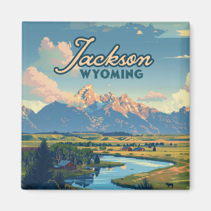 Jackson Hole Wyoming Ranch Tetons Mountains Retro Magnet