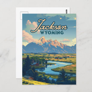 Jackson Hole Wyoming Ranch Tetons Mountains Retro Postcard
