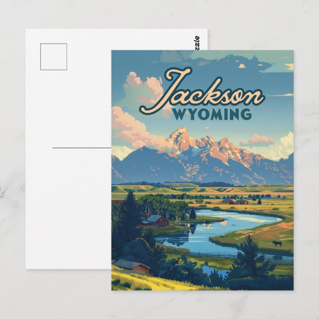 Jackson Hole Wyoming Ranch Tetons Mountains Retro Postcard (Front/Back)