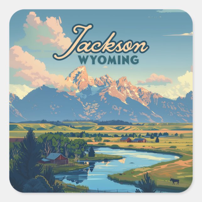 Jackson Hole Wyoming Ranch Tetons Mountains Retro Square Sticker (Front)