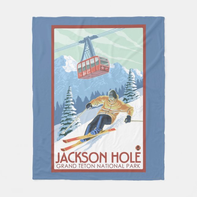 Jackson Hole, Wyoming Skier and Tram Fleece Blanket (Front)
