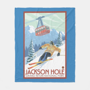Jackson Hole, Wyoming Skier and Tram Fleece Blanket