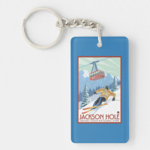 Jackson Hole, Wyoming Skier and Tram Key Ring