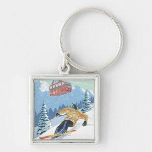 Jackson Hole, Wyoming Skier and Tram Key Ring