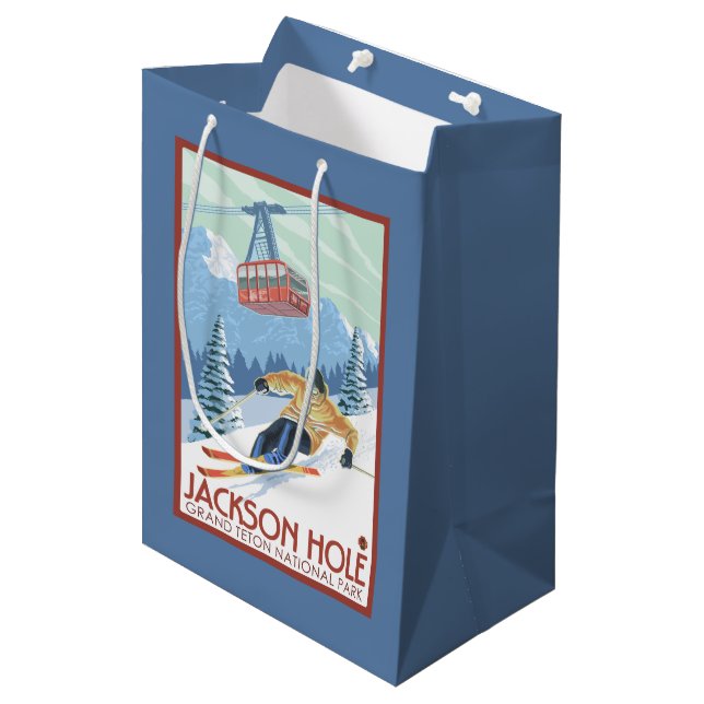 Jackson Hole, Wyoming Skier and Tram Medium Gift Bag (Front Angled)