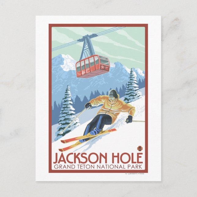 Jackson Hole, Wyoming Skier and Tram Postcard (Front)