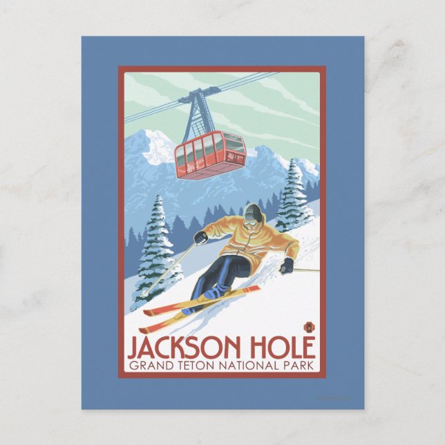 Jackson Hole, Wyoming Skier and Tram Postcard (Front)