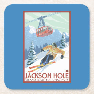 Jackson Hole, Wyoming Skier and Tram Square Paper Coaster