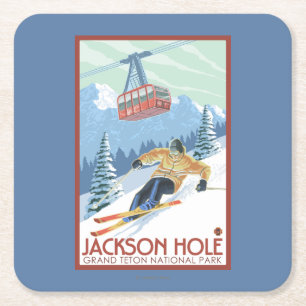 Jackson Hole, Wyoming Skier and Tram Square Paper Coaster