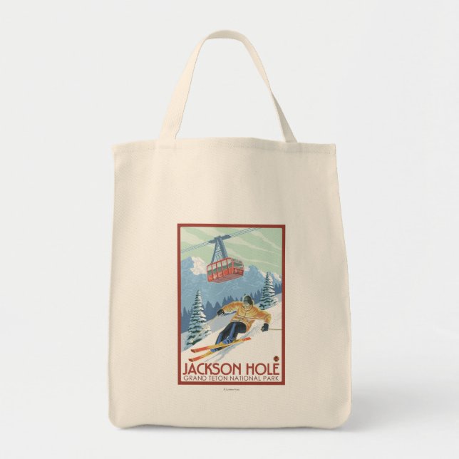 Jackson Hole, Wyoming Skier and Tram Tote Bag (Front)