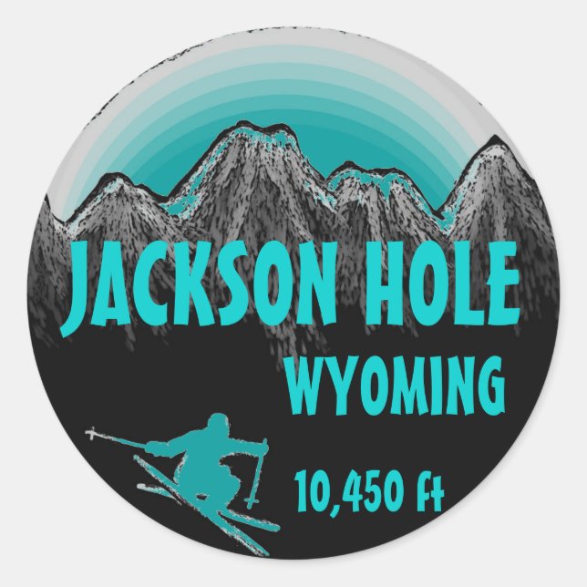 Jackson Hole Wyoming teal ski art stickers (Front)