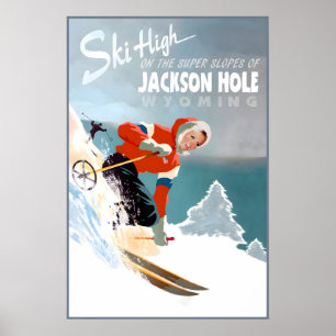 Jackson Hole Wyoming Travel Poster Tetons Snow Ski