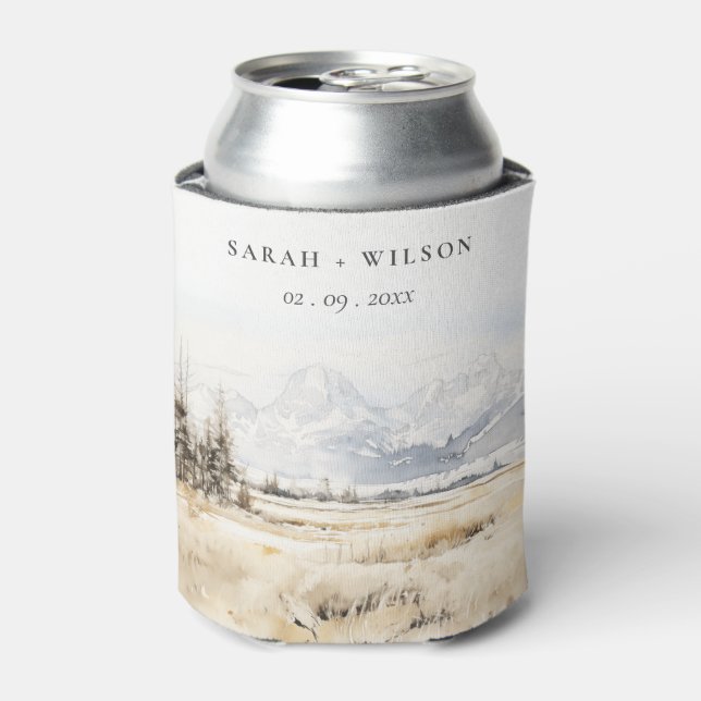 Jackson Hole Wyoming Watercolor Landscape Wedding Can Cooler (Can Front)