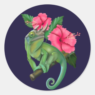 Jackson’s Chameleon with Hibiscus Classic Round Sticker