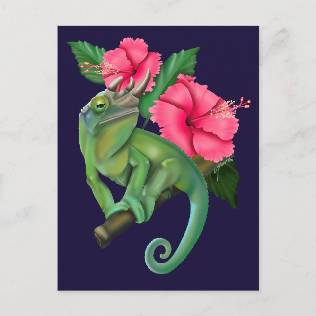 Jackson’s Chameleon with Hibiscus  Postcard (Front)
