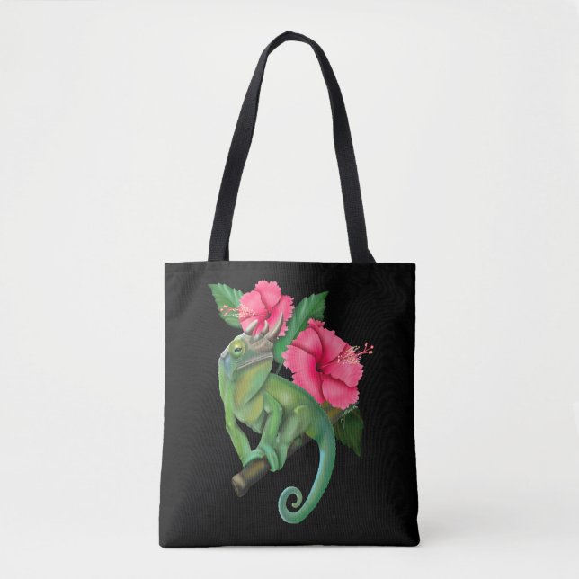 Jackson’s Chameleon with Hibiscus  Tote Bag (Front)