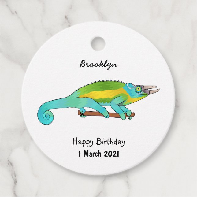 Jackson's chameleon cartoon illustration favour tags (Front)