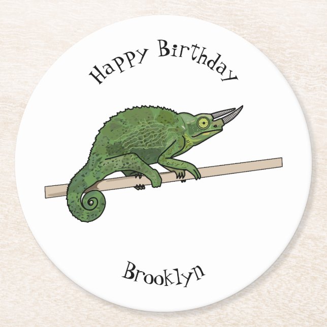 Jackson's chameleon cartoon illustration round paper coaster (Front)