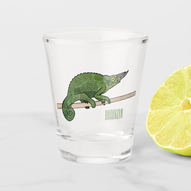 Jackson's chameleon cartoon illustration shot glass (Front)