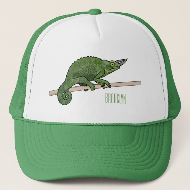 Jackson's chameleon cartoon illustration trucker hat (Front)