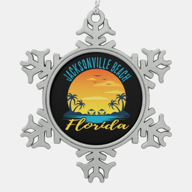 Jacksonville Beach Florida Palm Trees Beach Snowflake Pewter Christmas Ornament (Front)