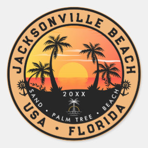 Jacksonville Beach Florida tropical Retro Sunset Classic Round Sticker