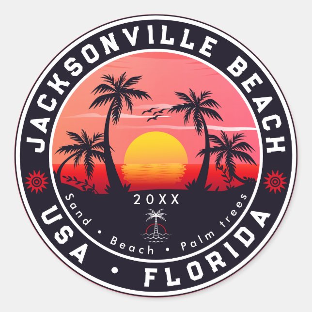 Jacksonville Beach Florida tropical Retro Sunset Classic Round Sticker (Front)