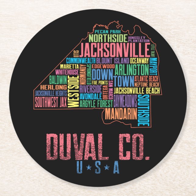 Jacksonville Duval County Florida USA Map Round Paper Coaster (Front)