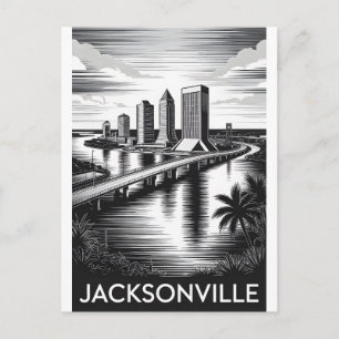 Jacksonville Florida Skyline Black White Woodcut Holiday Postcard