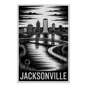 Jacksonville Florida Skyline Black White Woodcut Poster