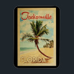 Jacksonville Palm Tree Vintage Travel Magnet<br><div class="desc">A uniquely retro mid-century modern Jacksonville Florida art print in vintage travel poster style. It features a curved palm tree on sandy beach with ocean under a blue cloudy sky.</div>