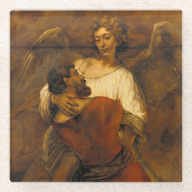 Jacob Wrestling with the Angel - Rembrandt - c1659 Glass Coaster (Front)