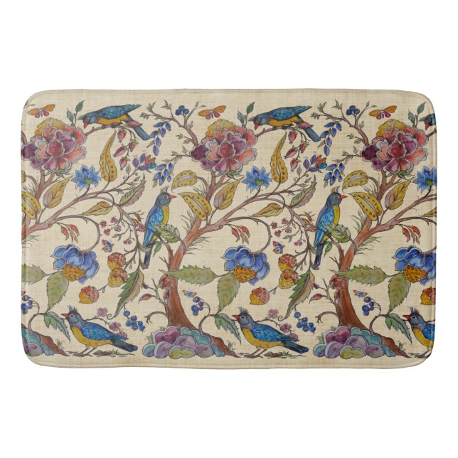 Jacobean Bird Floral Chinoiserie Tan Linen Look Bath Mat (Front)