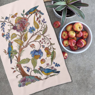 Jacobean Blush Pink Bird Floral Folk Vintage Tea Towel