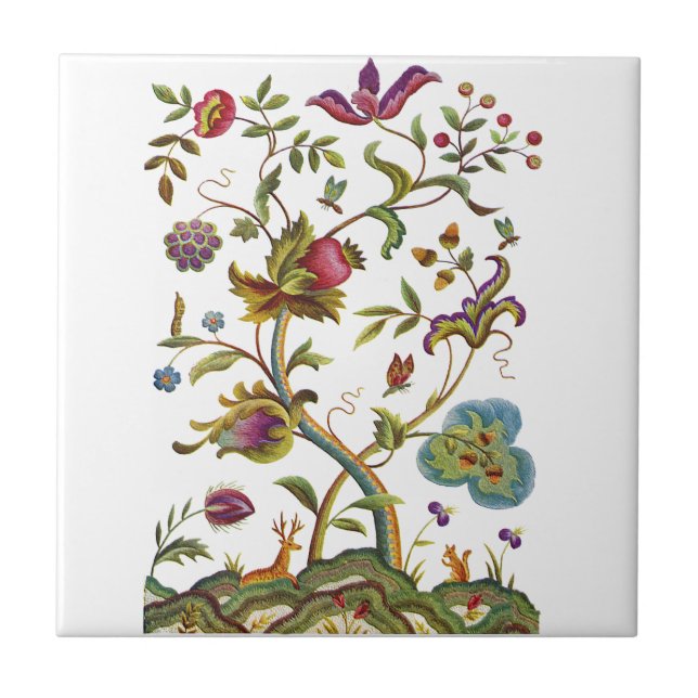 Jacobean Crewel Embroidery Tree of Life Tile (Front)