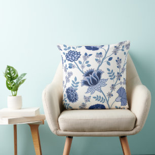 Jacobean Floral 2Way Pattern Blues on White Cushion