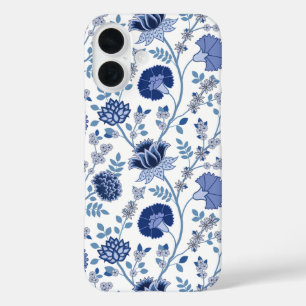 Jacobean Floral Big Pattern Blues on White iPhone 16 Case