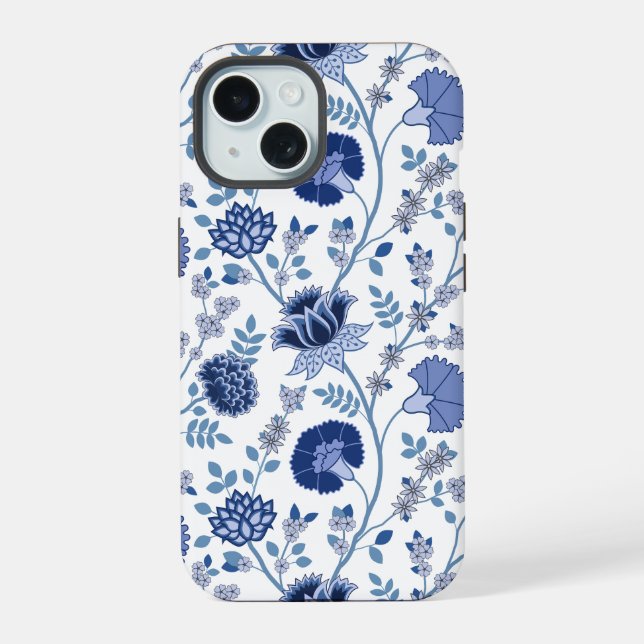 Jacobean Floral Big Pattern Blues on White iPhone 15 Case (Back)