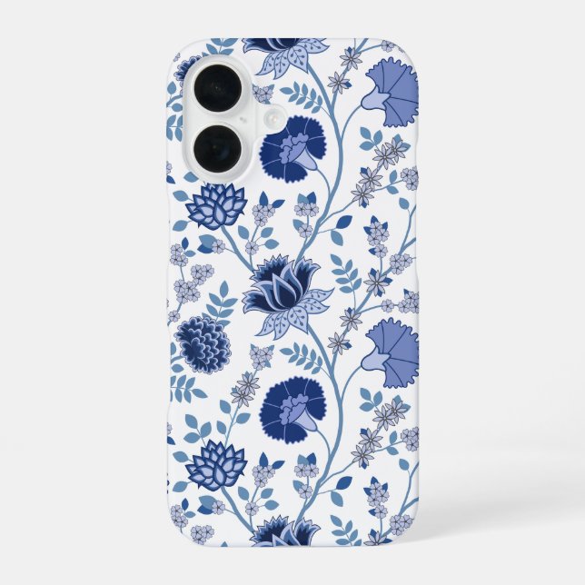 Jacobean Floral Big Pattern Blues on White iPhone 16 Case (Back)