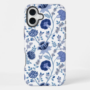 Jacobean Floral Big Pattern Blues on White iPhone 16 Plus Case