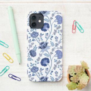 Jacobean Floral Big Pattern Blues on White iPhone 12 Case