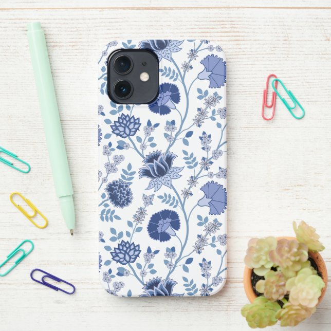 Jacobean Floral Big Pattern Blues on White iPhone Case (On Desk)