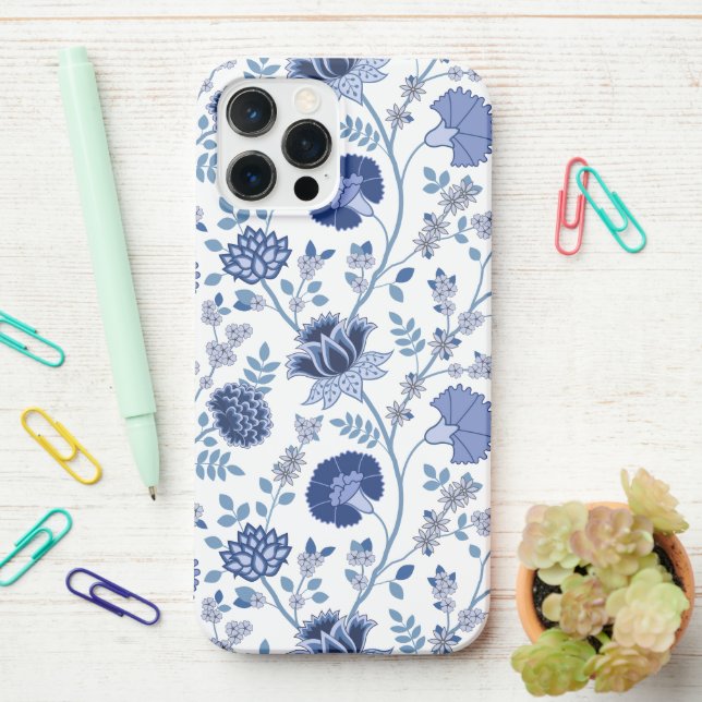 Jacobean Floral Big Pattern Blues on White iPhone Case (On Desk)